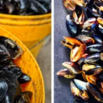 Confronto tra cozze sporche appena acquistate e cozze pulite dopo il trattamento con sale grosso per una pulizia veloce dei gusci