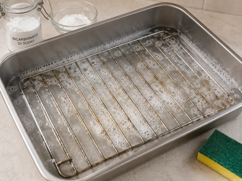 Griglia del forno lasciata in ammollo in acqua calda e bicarbonato per ammorbidire sporco e incrostazioni prima della pulizia.