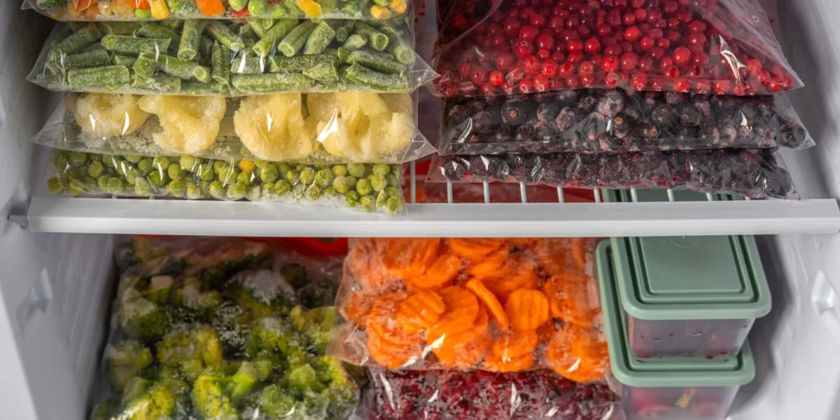 Sacchetti con verdure e frutta congelate ordinatamente sistemati nel freezer per una corretta conservazione degli alimenti.