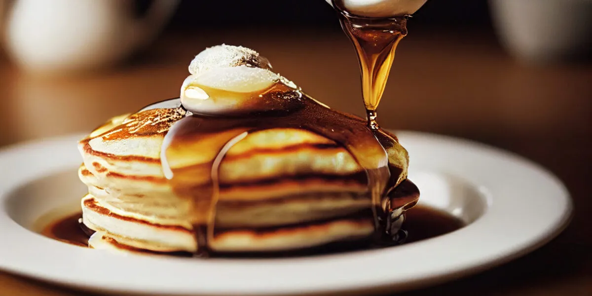 Pancake senza uova soffici e dorati impilati su un piatto, con yogurt e sciroppo d'acero colato sopra, ideali per una colazione fit e leggera.