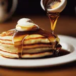 Pancake senza uova soffici e dorati impilati su un piatto, con yogurt e sciroppo d'acero colato sopra, ideali per una colazione fit e leggera.