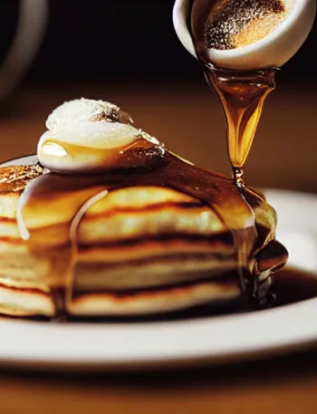 Pancake senza uova soffici e dorati impilati su un piatto, con yogurt e sciroppo d'acero colato sopra, ideali per una colazione fit e leggera.