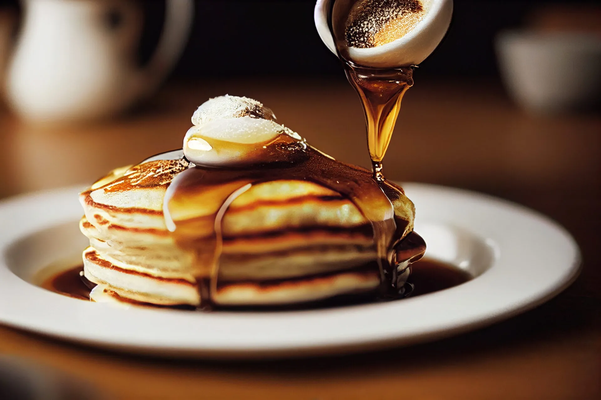 Pancake senza uova soffici e dorati impilati su un piatto, con yogurt e sciroppo d'acero colato sopra, ideali per una colazione fit e leggera.