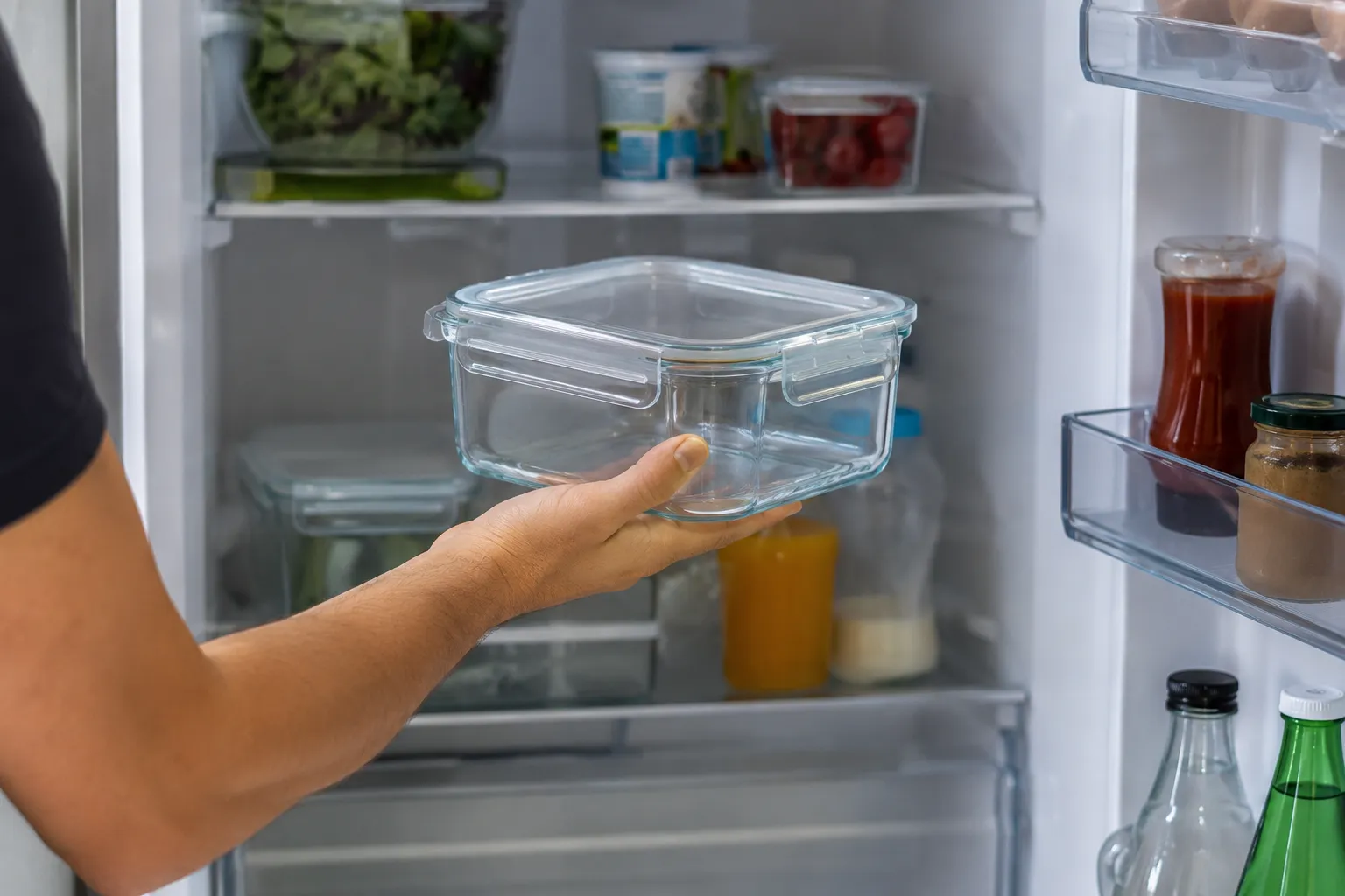 Contenitore in vetro ermetico per conservare alimenti freschi in frigorifero con il metodo della Conservazione a Strati Attivi.