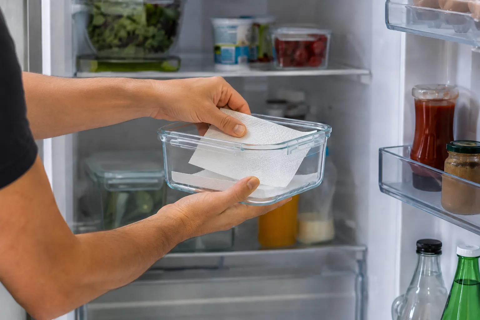 Carta assorbente inserita in un contenitore di vetro per conservare meglio gli alimenti e ridurre l'umidità in frigorifero