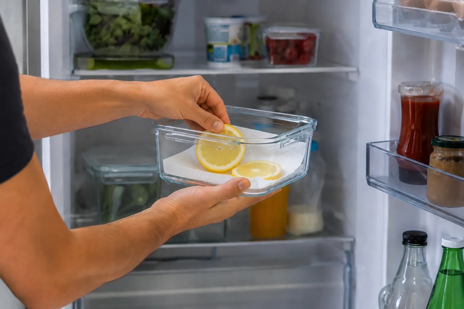 Fetta di limone inserita in un contenitore di vetro per conservare più a lungo gli alimenti con il metodo della Conservazione a Strati Attivi.