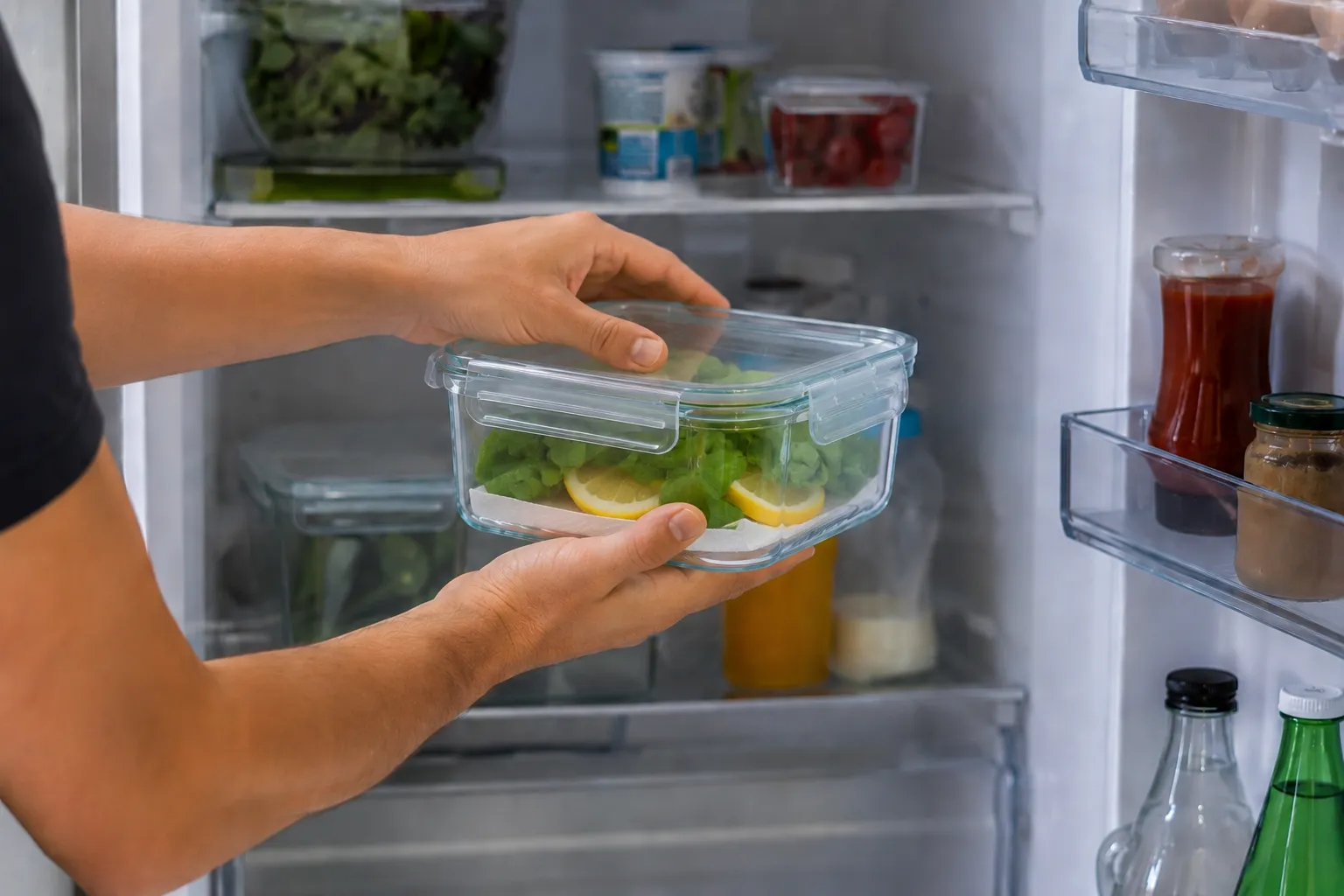 Lattuga conservata in contenitore ermetico con limone e carta assorbente secondo il metodo della Conservazione a Strati Attivi.