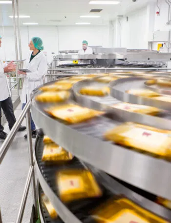 Linea di produzione industriale per il confezionamento di alimenti ultra processati.