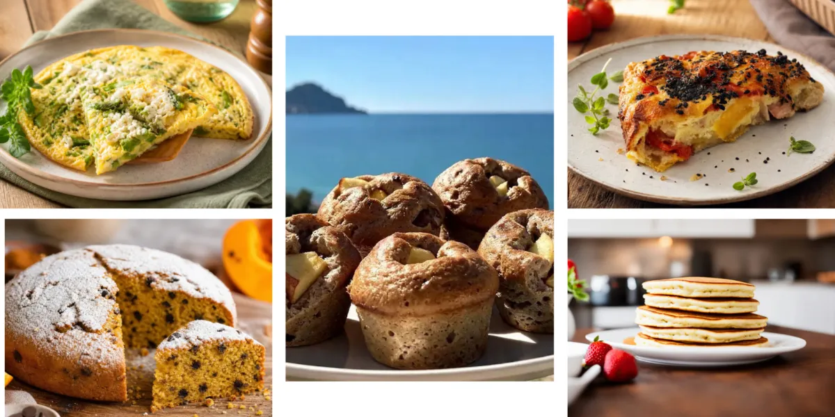 Collage di ricette con albumi fit tra cui: Frittata proteica al forno con albumi, peperoni e cipolla; Uova strapazzate con zucchine e feta; Nuvola di albumi al cacao e zucca; Brioche integrali di albumi con mele; Pancake Morbidi Fit