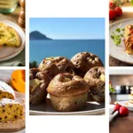 Collage di ricette con albumi fit tra cui: Frittata proteica al forno con albumi, peperoni e cipolla; Uova strapazzate con zucchine e feta; Nuvola di albumi al cacao e zucca; Brioche integrali di albumi con mele; Pancake Morbidi Fit