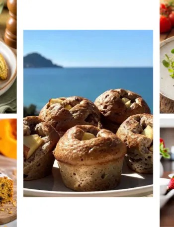 Collage di ricette con albumi fit tra cui: Frittata proteica al forno con albumi, peperoni e cipolla; Uova strapazzate con zucchine e feta; Nuvola di albumi al cacao e zucca; Brioche integrali di albumi con mele; Pancake Morbidi Fit