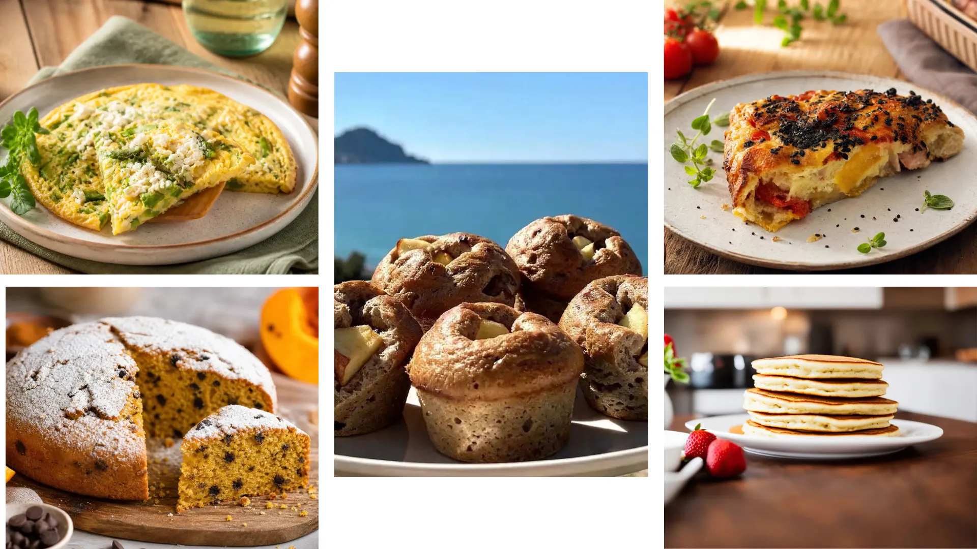 Collage di ricette con albumi fit tra cui: Frittata proteica al forno con albumi, peperoni e cipolla; Uova strapazzate con zucchine e feta; Nuvola di albumi al cacao e zucca; Brioche integrali di albumi con mele; Pancake Morbidi Fit