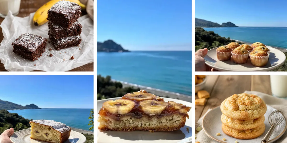 Immagine che rappresenta un collage di ricette con banane: Muffin alla banana fit con gocce di cioccolato fondente; Torta fit alle banane e zucchine; Torta rovesciata banane light; Brownies alla banana paleo; Banana Cookies Fit con Gocce di Cioccolato Bianco.