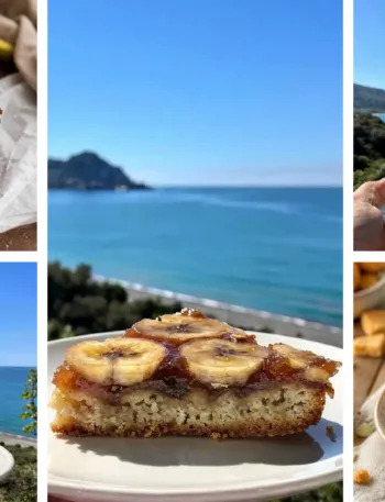 Immagine che rappresenta un collage di ricette con banane: Muffin alla banana fit con gocce di cioccolato fondente; Torta fit alle banane e zucchine; Torta rovesciata banane light; Brownies alla banana paleo; Banana Cookies Fit con Gocce di Cioccolato Bianco.