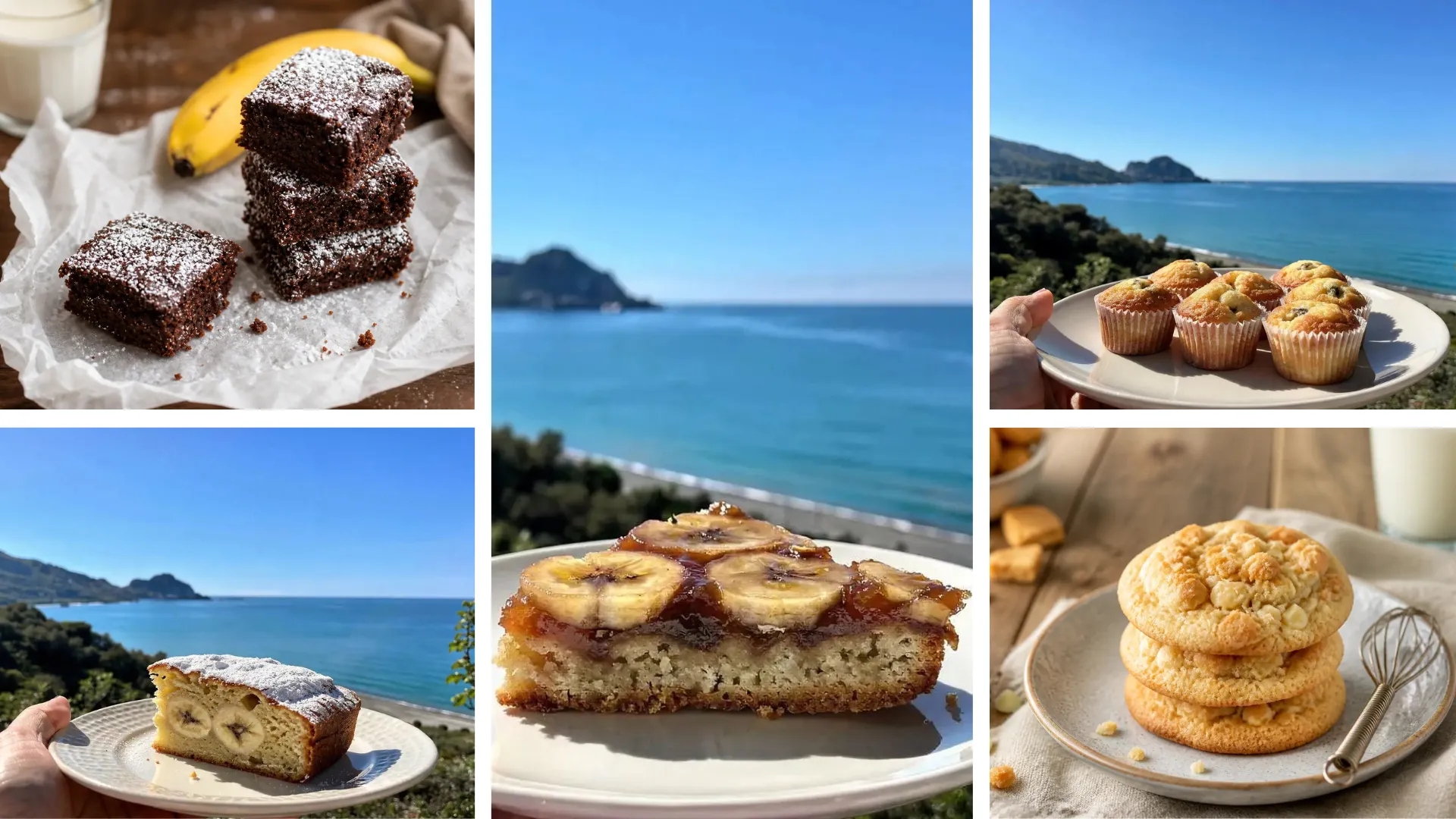 Immagine che rappresenta un collage di ricette con banane: Muffin alla banana fit con gocce di cioccolato fondente; Torta fit alle banane e zucchine; Torta rovesciata banane light; Brownies alla banana paleo; Banana Cookies Fit con Gocce di Cioccolato Bianco.