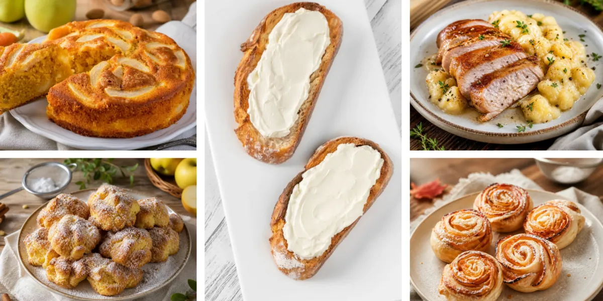 Collage di ricette con la mela facili e veloci: Torta di carote e mele senza uova; Crema pasticciera alle mele senza uova su crostino integrale; Biscotti morbidi alla mela senza burro; Girelle light di mele e cannella; Arrosto di lonza magra con salsa alle mele