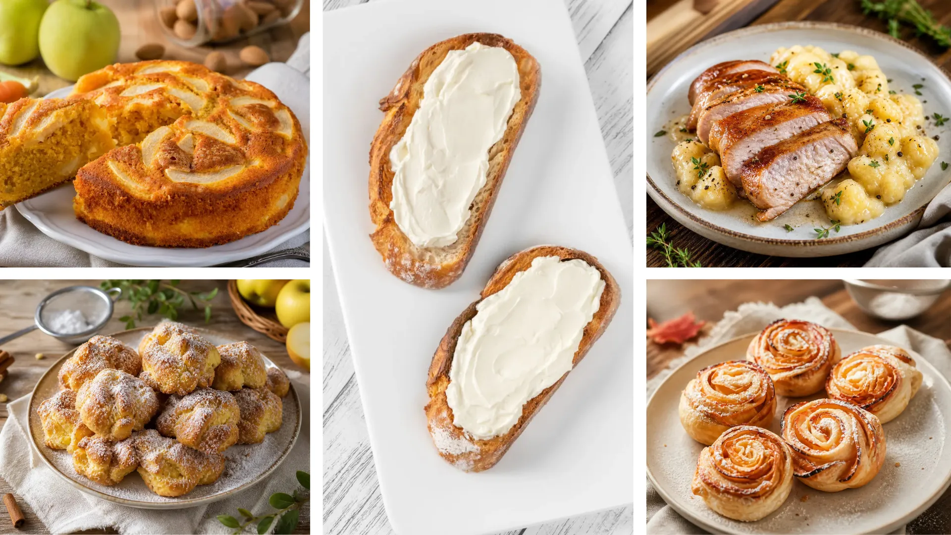 Collage di ricette con la mela facili e veloci: Torta di carote e mele senza uova; Crema pasticciera alle mele senza uova su crostino integrale; Biscotti morbidi alla mela senza burro; Girelle light di mele e cannella; Arrosto di lonza magra con salsa alle mele