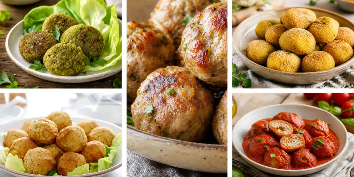 Immagine che rappresenta un collage con una selezione di 5 secondi di polpette: Polpette di piselli con feta e sesamo; Polpette di cavolfiore al curry; Polpette di Tonno e Zucca Light; Polpette di tacchino al forno con cuore di ricotta; Polpette di sarde al sugo leggere.