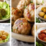 Immagine che rappresenta un collage con una selezione di 5 secondi di polpette: Polpette di piselli con feta e sesamo; Polpette di cavolfiore al curry; Polpette di Tonno e Zucca Light; Polpette di tacchino al forno con cuore di ricotta; Polpette di sarde al sugo leggere.