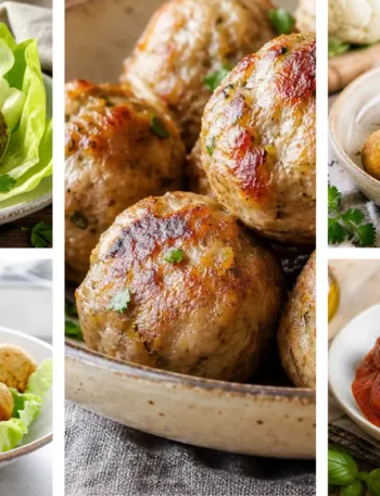 Immagine che rappresenta un collage con una selezione di 5 secondi di polpette: Polpette di piselli con feta e sesamo; Polpette di cavolfiore al curry; Polpette di Tonno e Zucca Light; Polpette di tacchino al forno con cuore di ricotta; Polpette di sarde al sugo leggere.