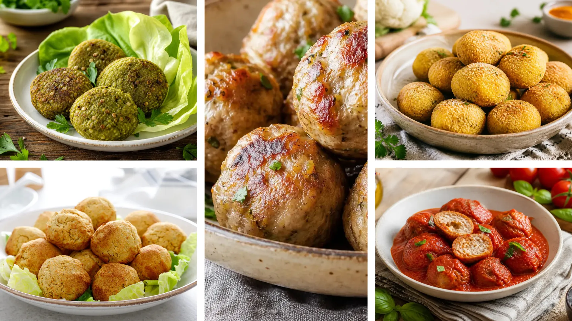 Immagine che rappresenta un collage con una selezione di 5 secondi di polpette: Polpette di piselli con feta e sesamo; Polpette di cavolfiore al curry; Polpette di Tonno e Zucca Light; Polpette di tacchino al forno con cuore di ricotta; Polpette di sarde al sugo leggere.