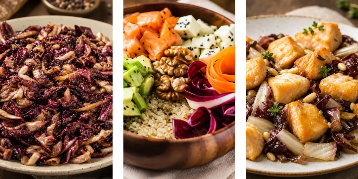 Collage di tre ricette con radicchio rosso: a sinistra radicchio saltato in padella con cipolla e aceto balsamico, al centro una bowl con radicchio, salmone, avocado e quinoa, a Dadolata di salmone alla soia con radicchio e pinoli.