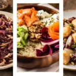 Collage di tre ricette con radicchio rosso: a sinistra radicchio saltato in padella con cipolla e aceto balsamico, al centro una bowl con radicchio, salmone, avocado e quinoa, a Dadolata di salmone alla soia con radicchio e pinoli.