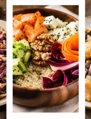 Collage di tre ricette con radicchio rosso: a sinistra radicchio saltato in padella con cipolla e aceto balsamico, al centro una bowl con radicchio, salmone, avocado e quinoa, a Dadolata di salmone alla soia con radicchio e pinoli.