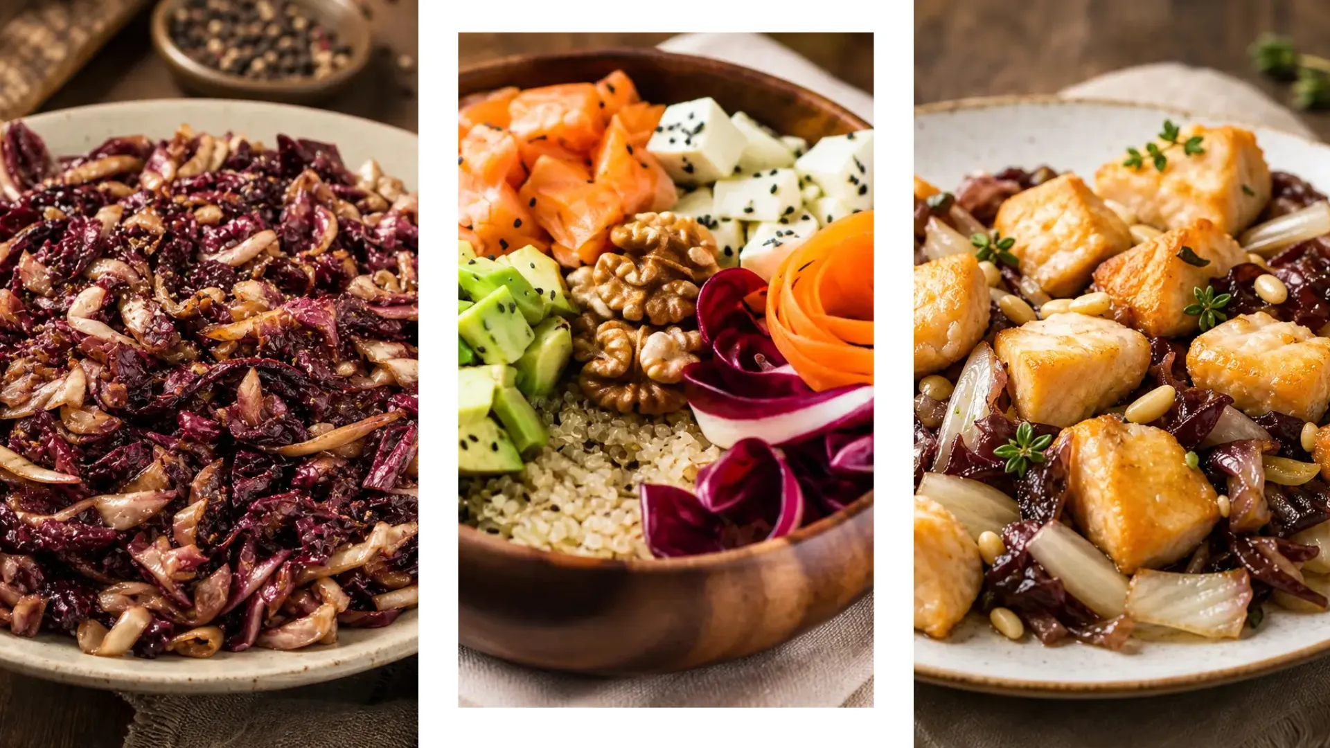 Collage di tre ricette con radicchio rosso: a sinistra radicchio saltato in padella con cipolla e aceto balsamico, al centro una bowl con radicchio, salmone, avocado e quinoa, a Dadolata di salmone alla soia con radicchio e pinoli.