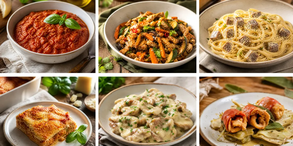 Immagine che rappresenta un collage con una selezione di 6 piatti con il seitan: Spezzatino di seitan con verdure stufate; Straccetti di seitan al limone; Carbonara vegana con seitan; Saltimbocca vegan con seitan, salvia e carciofi; Ragù di seitan al pomodoro e basilico; Lasagne al ragù di seitan.