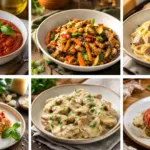 Immagine che rappresenta un collage con una selezione di 6 piatti con il seitan: Spezzatino di seitan con verdure stufate; Straccetti di seitan al limone; Carbonara vegana con seitan; Saltimbocca vegan con seitan, salvia e carciofi; Ragù di seitan al pomodoro e basilico; Lasagne al ragù di seitan.