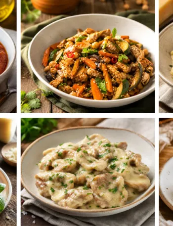 Immagine che rappresenta un collage con una selezione di 6 piatti con il seitan: Spezzatino di seitan con verdure stufate; Straccetti di seitan al limone; Carbonara vegana con seitan; Saltimbocca vegan con seitan, salvia e carciofi; Ragù di seitan al pomodoro e basilico; Lasagne al ragù di seitan.