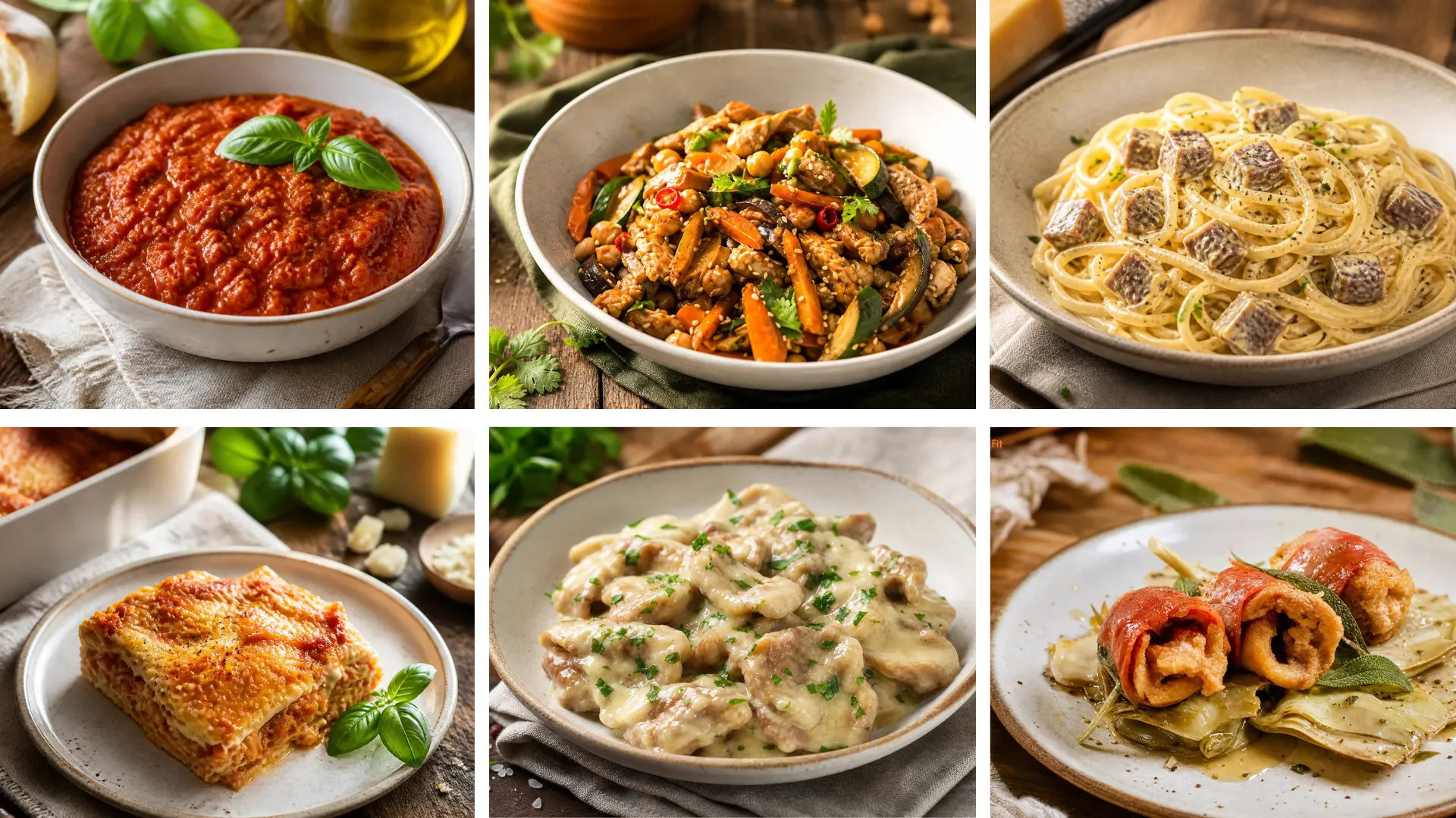 Immagine che rappresenta un collage con una selezione di 6 piatti con il seitan: Spezzatino di seitan con verdure stufate; Straccetti di seitan al limone; Carbonara vegana con seitan; Saltimbocca vegan con seitan, salvia e carciofi; Ragù di seitan al pomodoro e basilico; Lasagne al ragù di seitan.