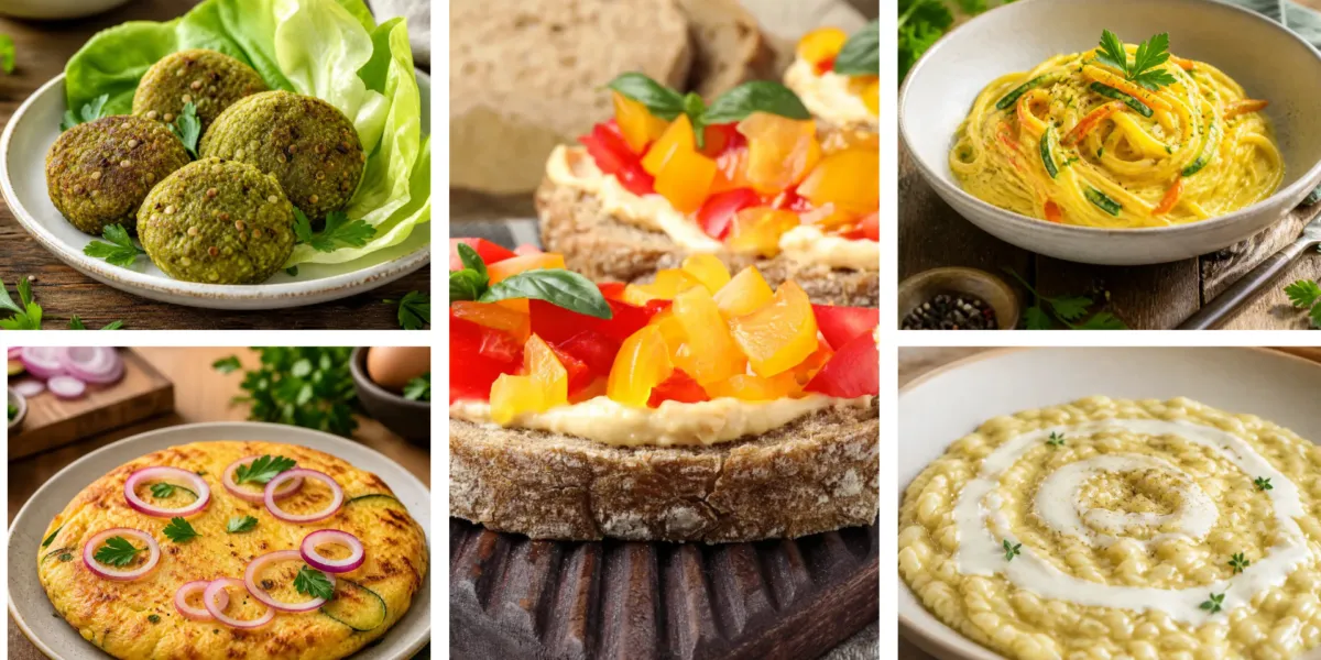 Collage di ricette con verdure sane e leggere, selezione di piatti fit con: Crostini con Hummus di Peperoni e Fiocchi di Latte; Polpette di piselli con feta e sesamo; Frittata fit con zucchine e cipolla rossa; Risotto con crema di piselli e provola; Spaghetti light con zucchine, limone e ricotta salata.