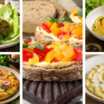 Collage di ricette con verdure sane e leggere, selezione di piatti fit con: Crostini con Hummus di Peperoni e Fiocchi di Latte; Polpette di piselli con feta e sesamo; Frittata fit con zucchine e cipolla rossa; Risotto con crema di piselli e provola; Spaghetti light con zucchine, limone e ricotta salata.