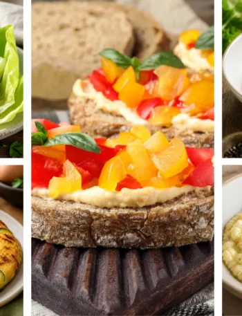 Collage di ricette con verdure sane e leggere, selezione di piatti fit con: Crostini con Hummus di Peperoni e Fiocchi di Latte; Polpette di piselli con feta e sesamo; Frittata fit con zucchine e cipolla rossa; Risotto con crema di piselli e provola; Spaghetti light con zucchine, limone e ricotta salata.
