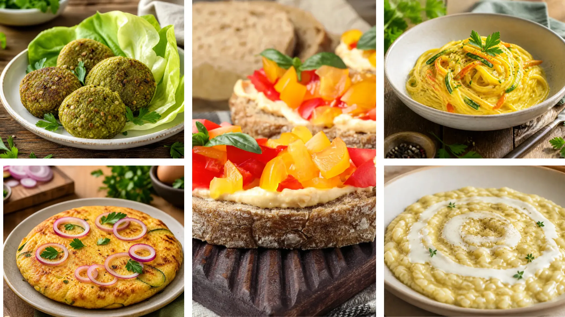 Collage di ricette con verdure sane e leggere, selezione di piatti fit con: Crostini con Hummus di Peperoni e Fiocchi di Latte; Polpette di piselli con feta e sesamo; Frittata fit con zucchine e cipolla rossa; Risotto con crema di piselli e provola; Spaghetti light con zucchine, limone e ricotta salata.