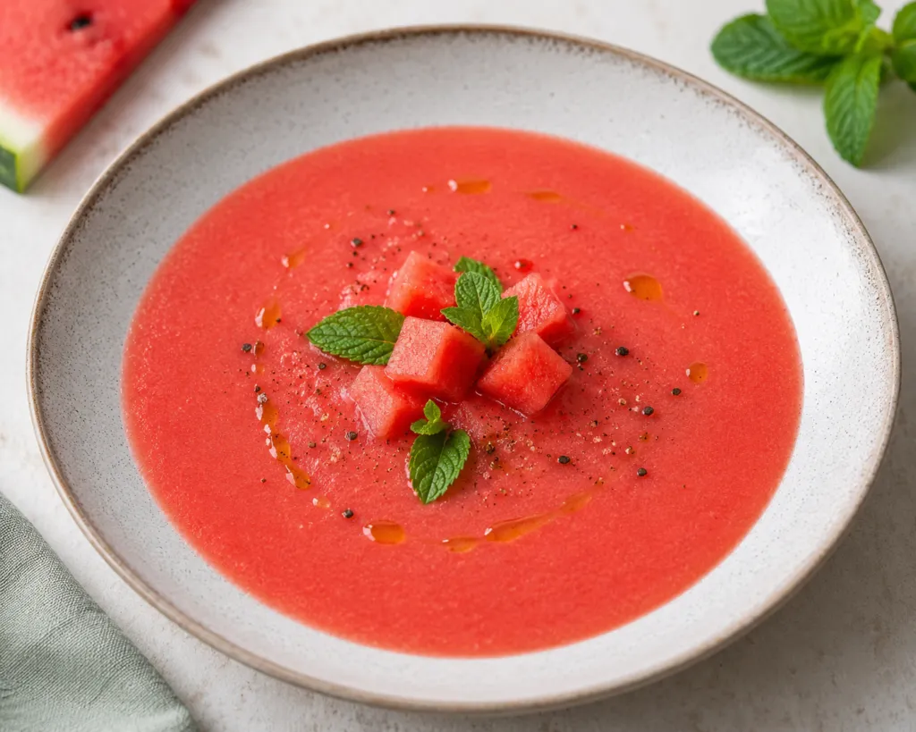 Vellutata fredda di anguria con menta e cubetti di frutta, ricetta estiva preparata recuperando la parte bianca dell’anguria.