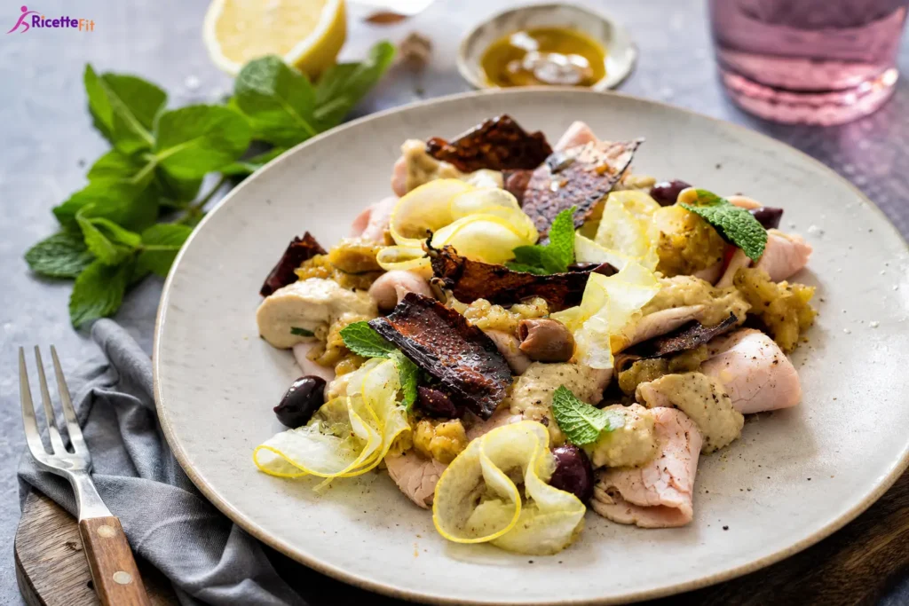 Arrosto freddo di vitello con melanzane, tahina, limone, menta e olive taggiasche