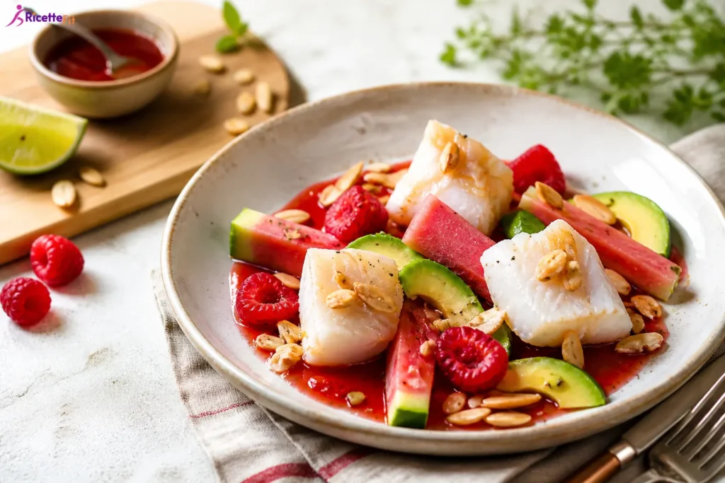 Baccalà al vapore con avocado, anguria, lamponi e mandorle