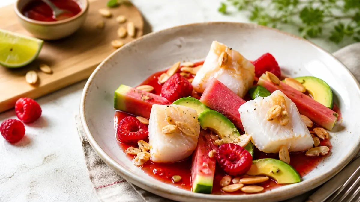 Baccalà al vapore con avocado, anguria, lamponi e mandorle