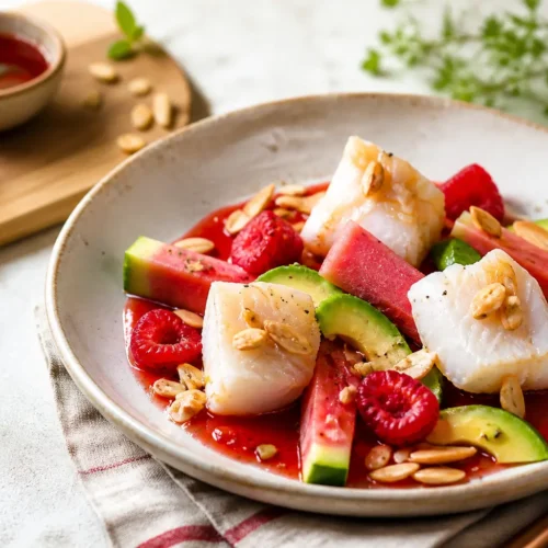 Baccalà al vapore con avocado e salsa di anguria