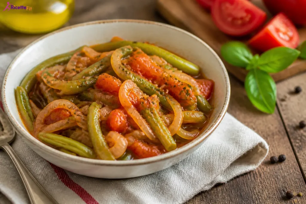 Bandiera con fagiolini al pomodoro e cipolla in ciotola