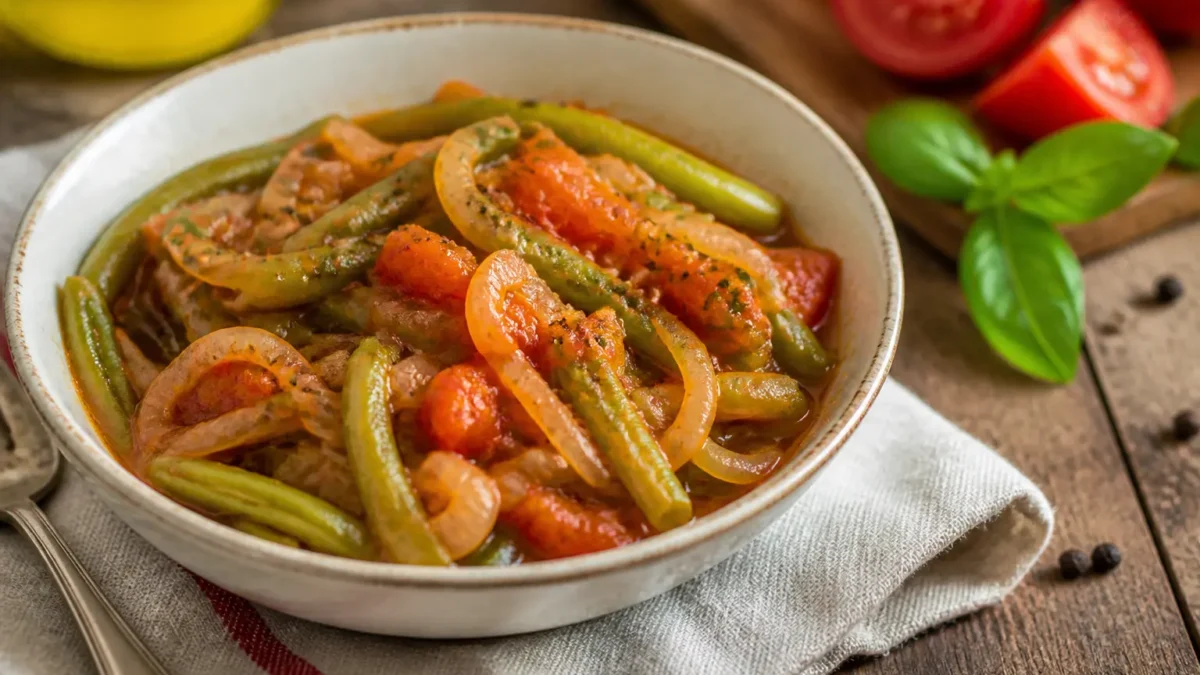 Bandiera con fagiolini al pomodoro e cipolla in ciotola