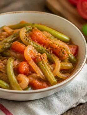 Bandiera con fagiolini al pomodoro e cipolla in ciotola