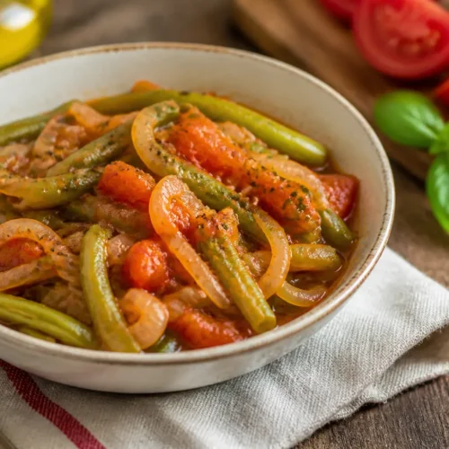 Bandiera con fagiolini, pomodoro e cipolla