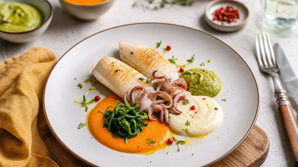 Calamari in padella con tre salse di verdure e spinaci