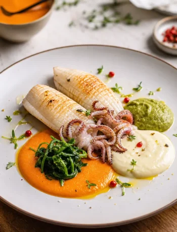 Calamari in padella con tre salse di verdure e spinaci