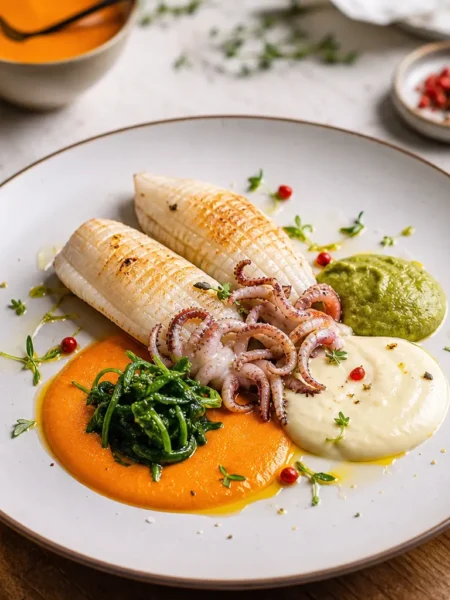 Calamari in padella con tre salse di verdure e spinaci