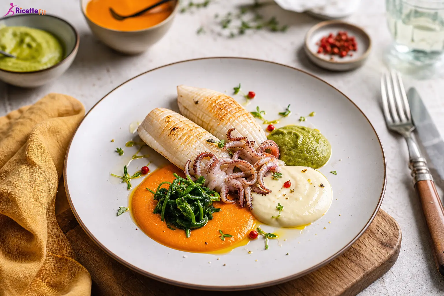 Calamari in padella con tre salse di verdure e spinaci